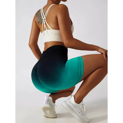 Seamless Gradient High Waist YogaRunning FitnessTight Fitting Exercise Hip Lifting HighElasticity Breathable Quick Drying Shorts